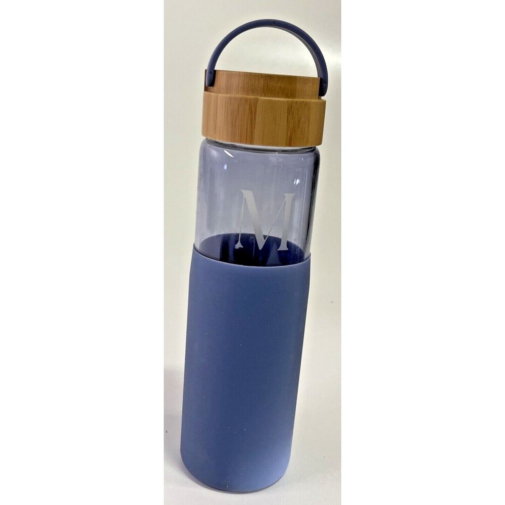 Anthropologie Blue Grey Glass Water Bottle Monogrammed Letter “M” Yoga Work Out